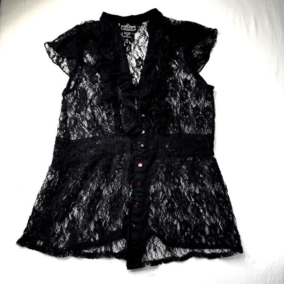 Black Lace Top Med Sheer Ruffles Romantic Goth Y2K Victorian Vampcore Angie - Picture 2 of 8